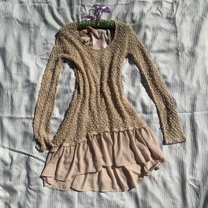 Beige Long Sleeve Layered Dress